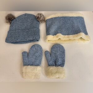 Kids Blue Knit Hat, Neck Warmer, Gloves Set Fleece Lined